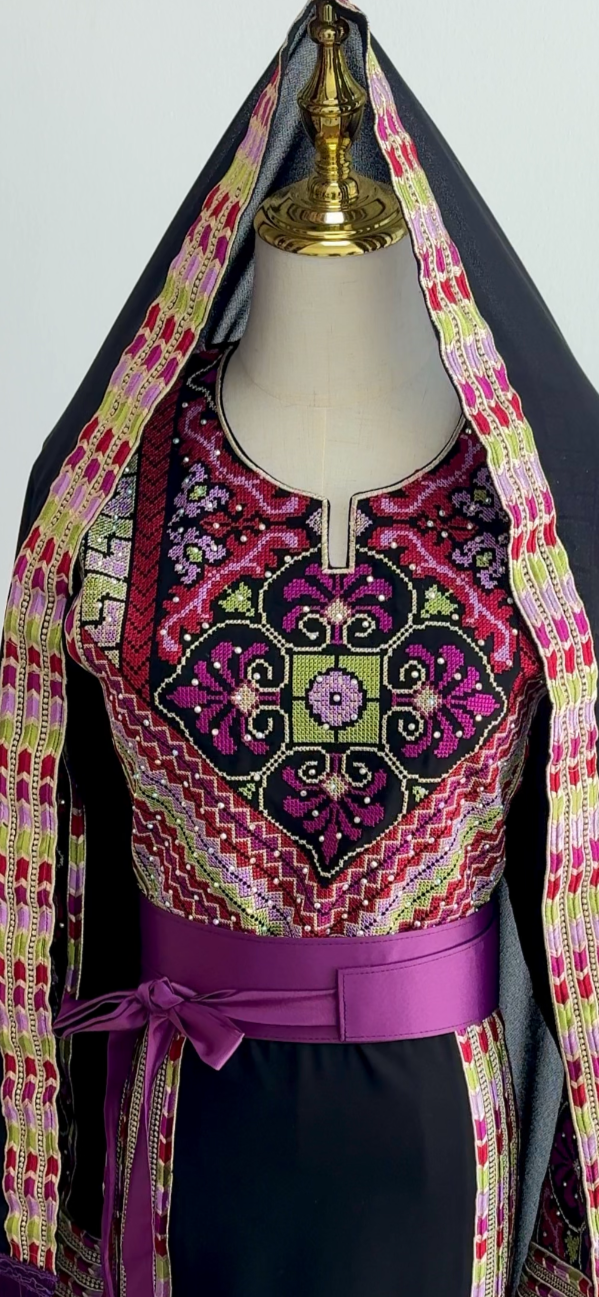 Palestinian heritage outfit with fringe shawl and feminine fit – Arisca modest wear