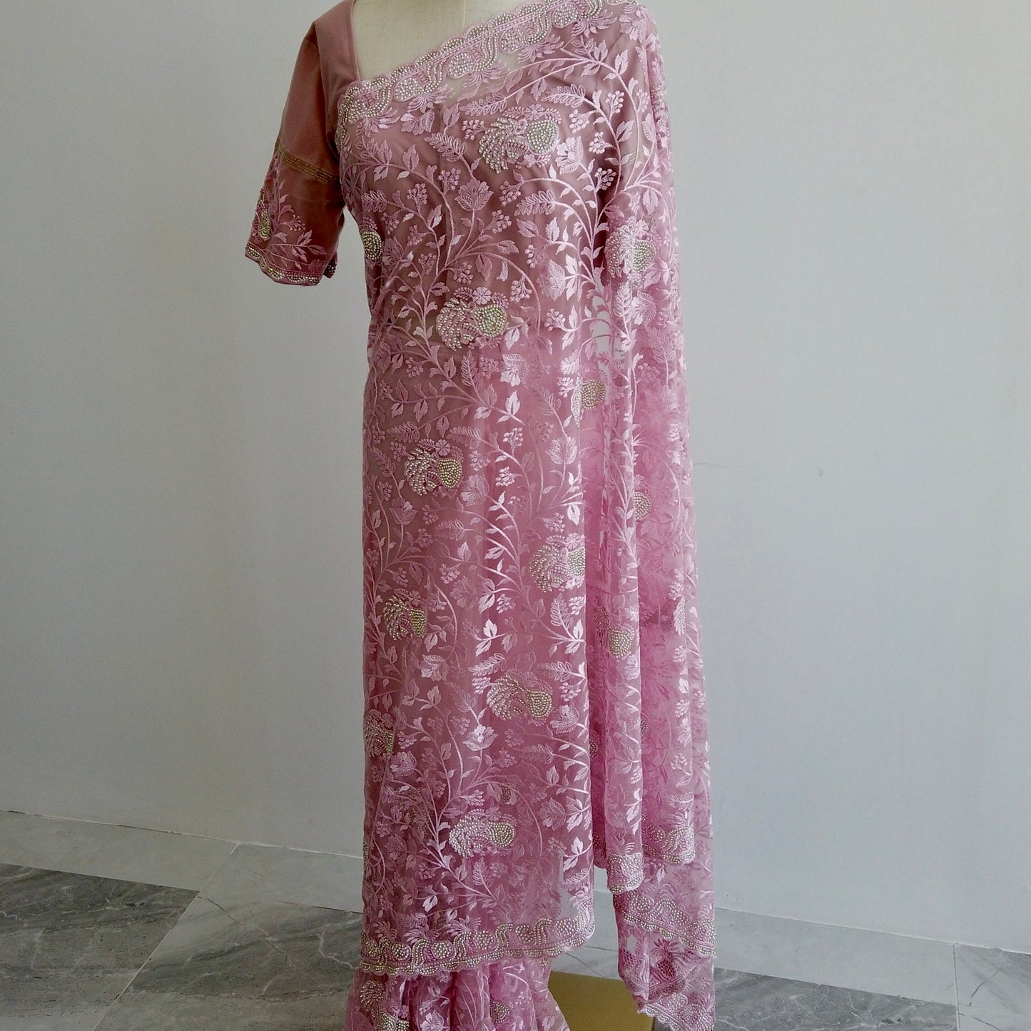 Elegant pink stitched saree perfect for Eid and cultural occasions in Qatar