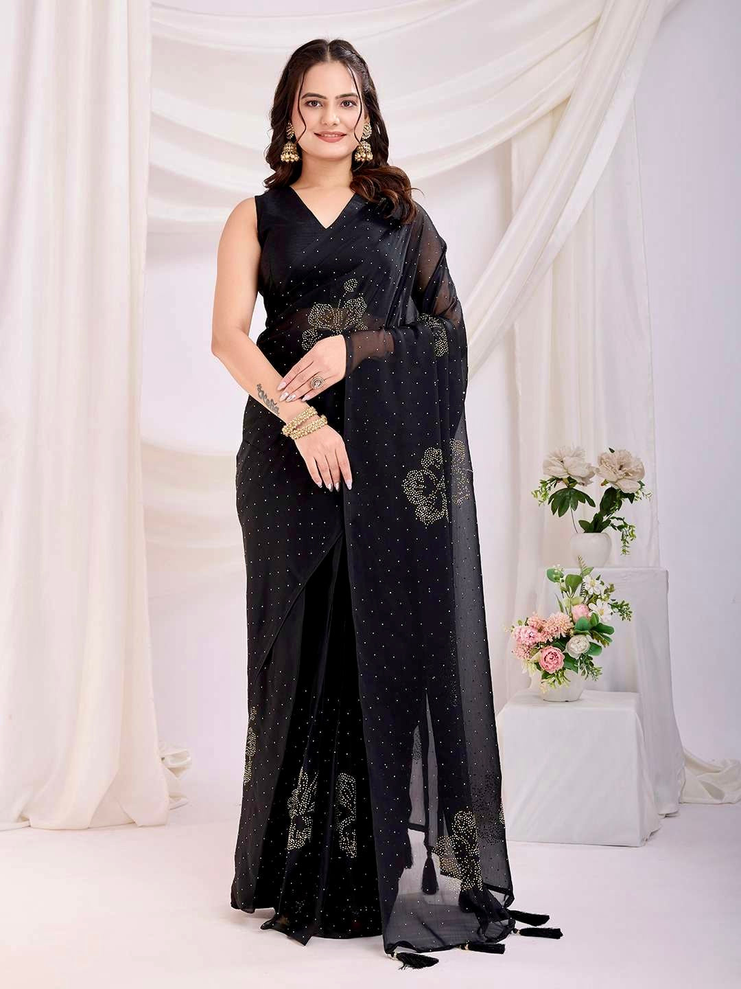 Black ready-to-wear saree with shimmering stonework and pre-stitched pleats.