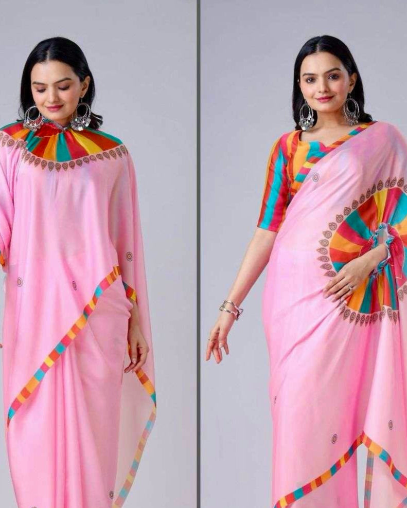 Full-length view of pink kaftan saree showing flowing sleeves and relaxed silhouette.