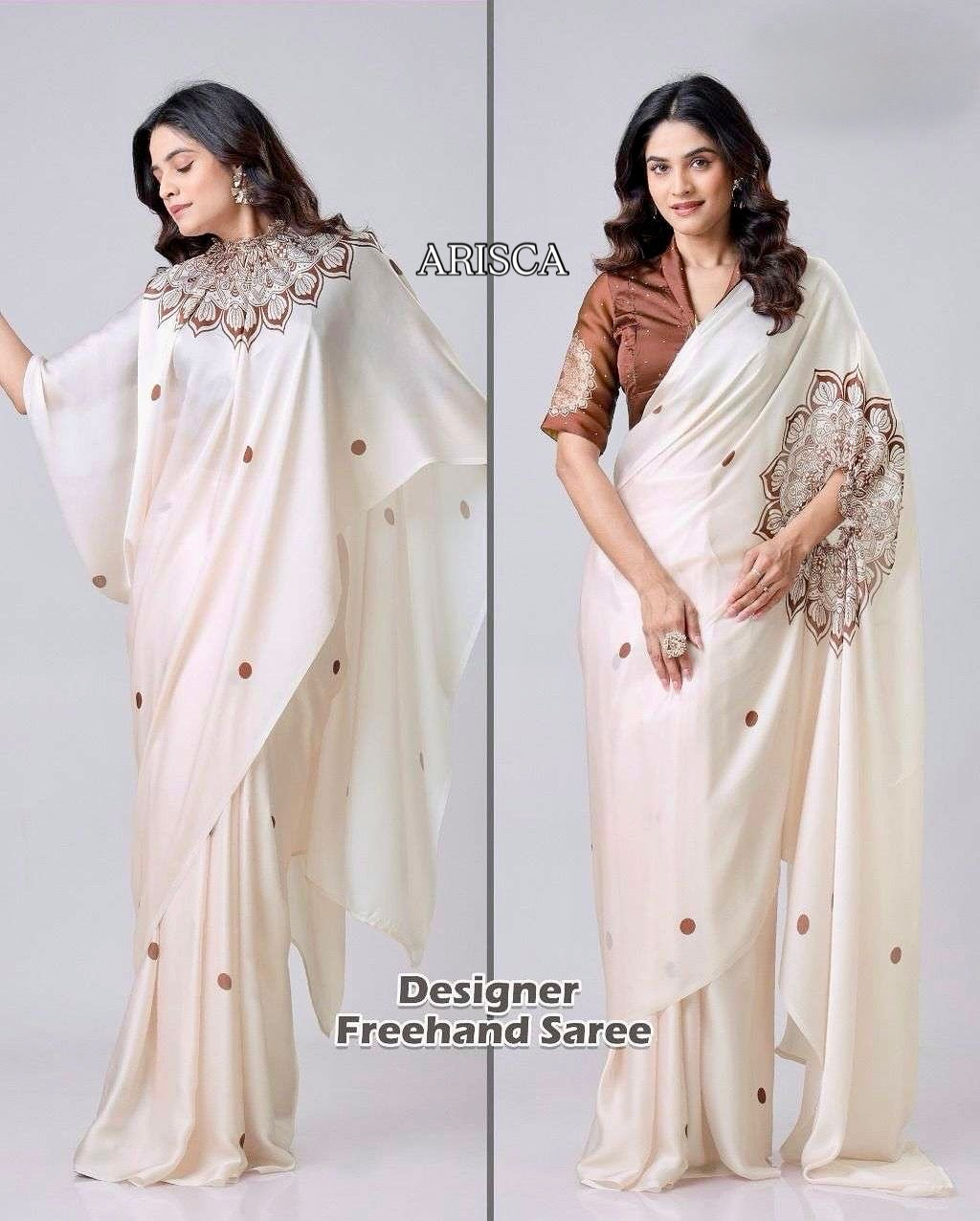 Model wearing kaftan-style saree at a formal event in Doha, styled with statement jewelry