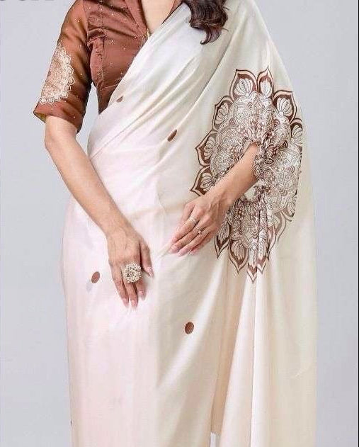 Woman wearing a white saree with brown floral patterns on a plain background