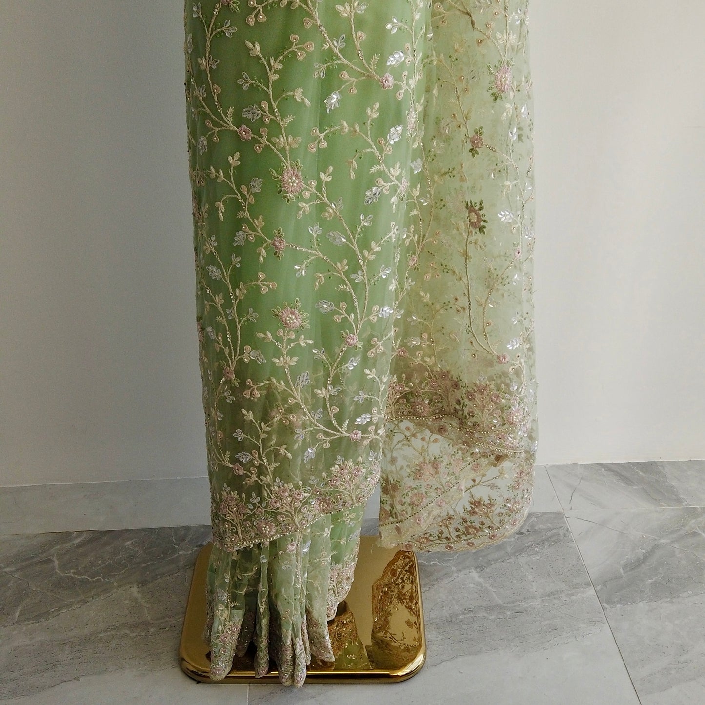 Elegant pastel green stitched saree for Eid or nikah – Arisca Qatar