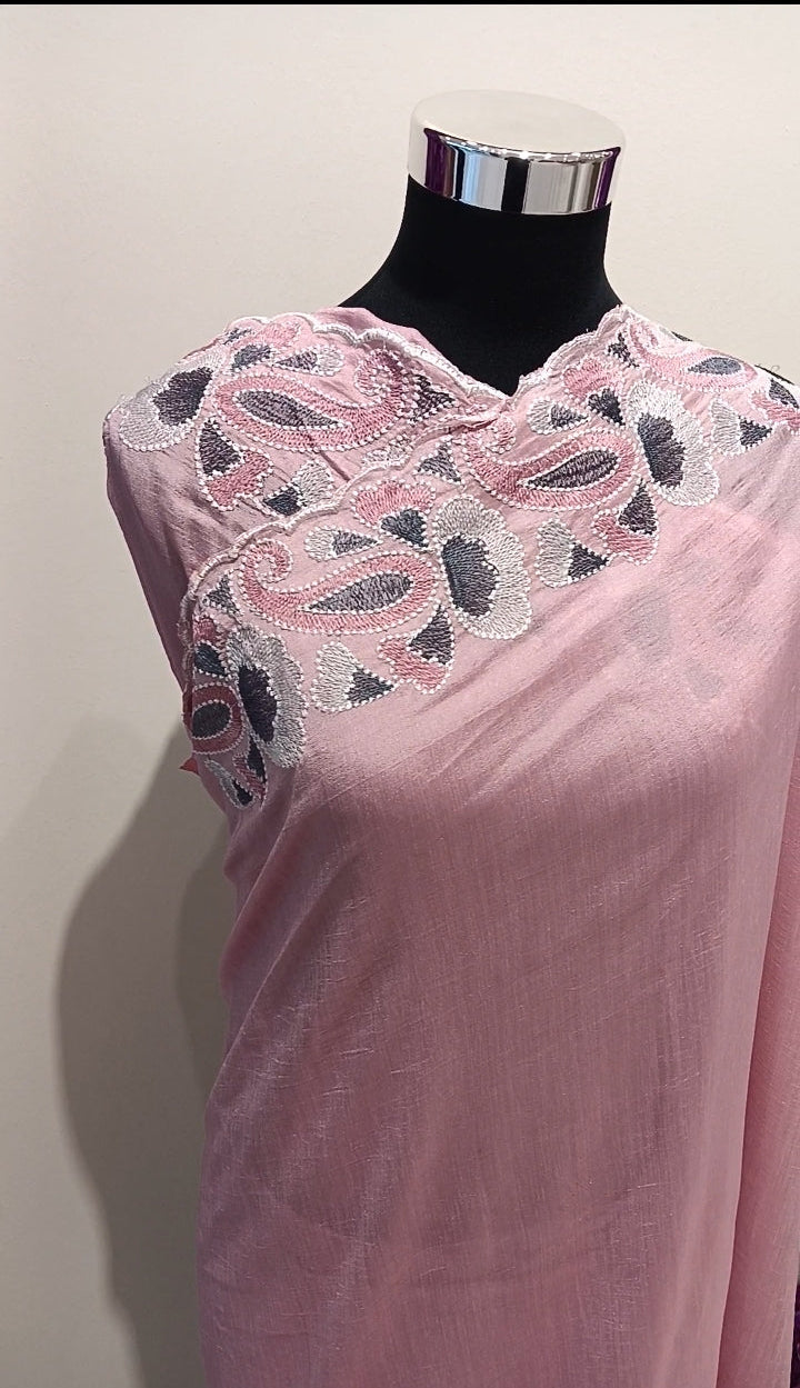 blush pink ready to wear prestitched saree, crafted in soft shimmer fabric with a graceful drape and luxurious shine