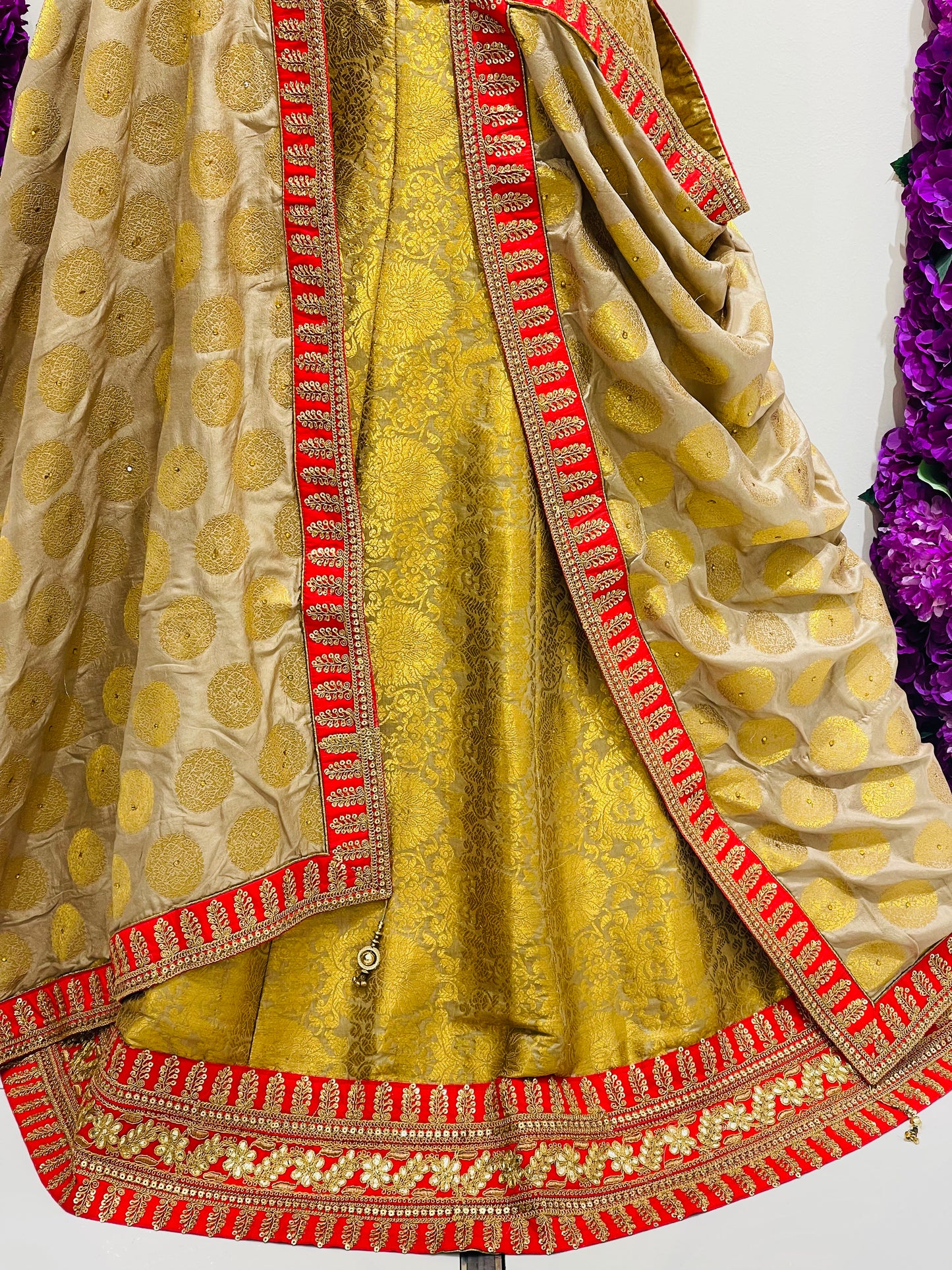 A close-up of a traditional Indian outfit featuring a golden-yellow brocade skirt with a red and gold embroidered border, paired with a beige dupatta decorated with gold motifs and a red patterned edge.