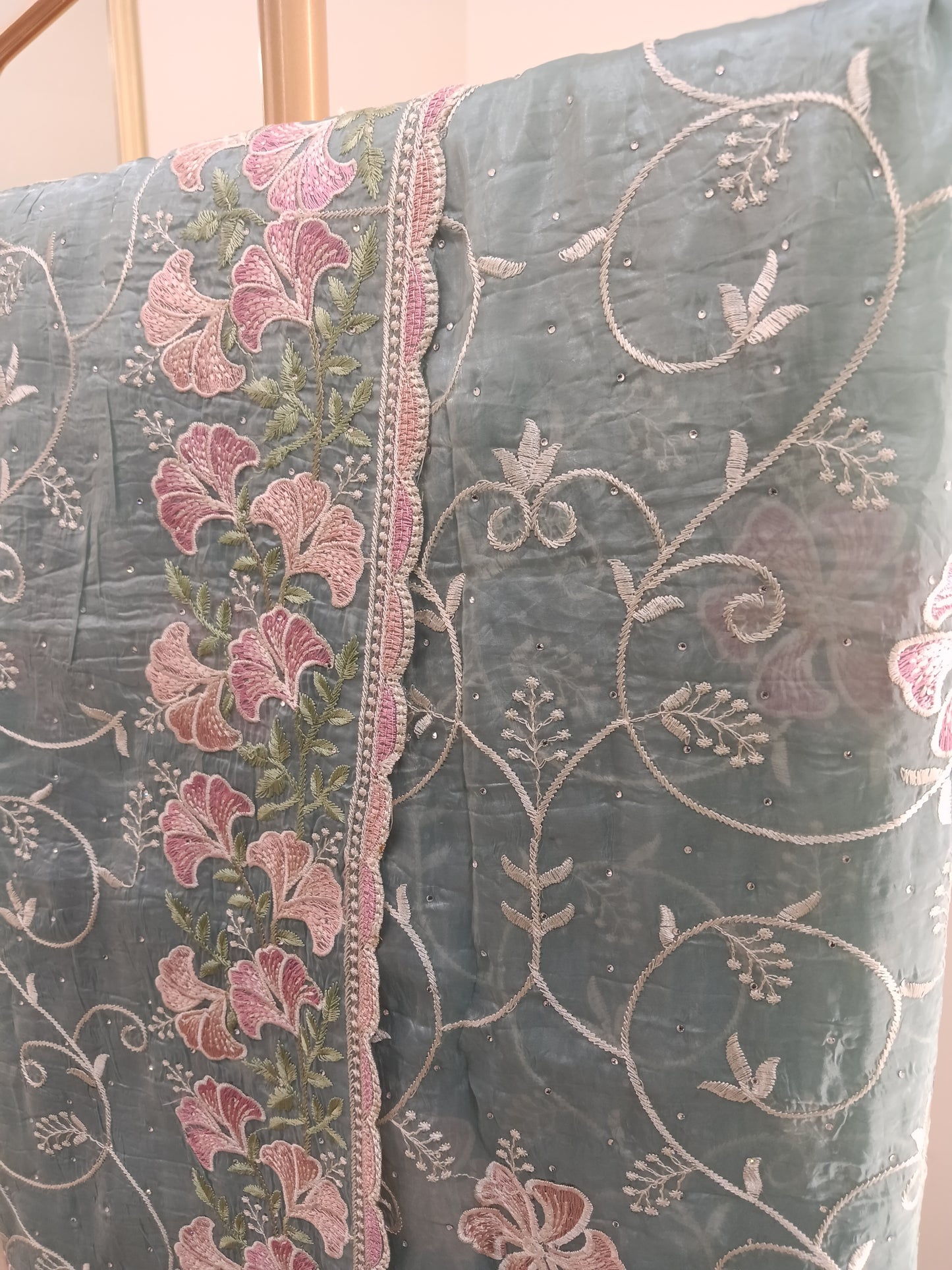 sage green ready to wear saree, crafted in premium soft organza silk fabric