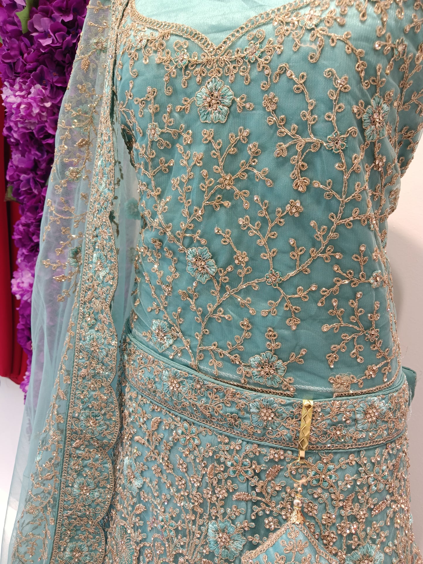Heavy embroidered net with all-over zari and stone jaal