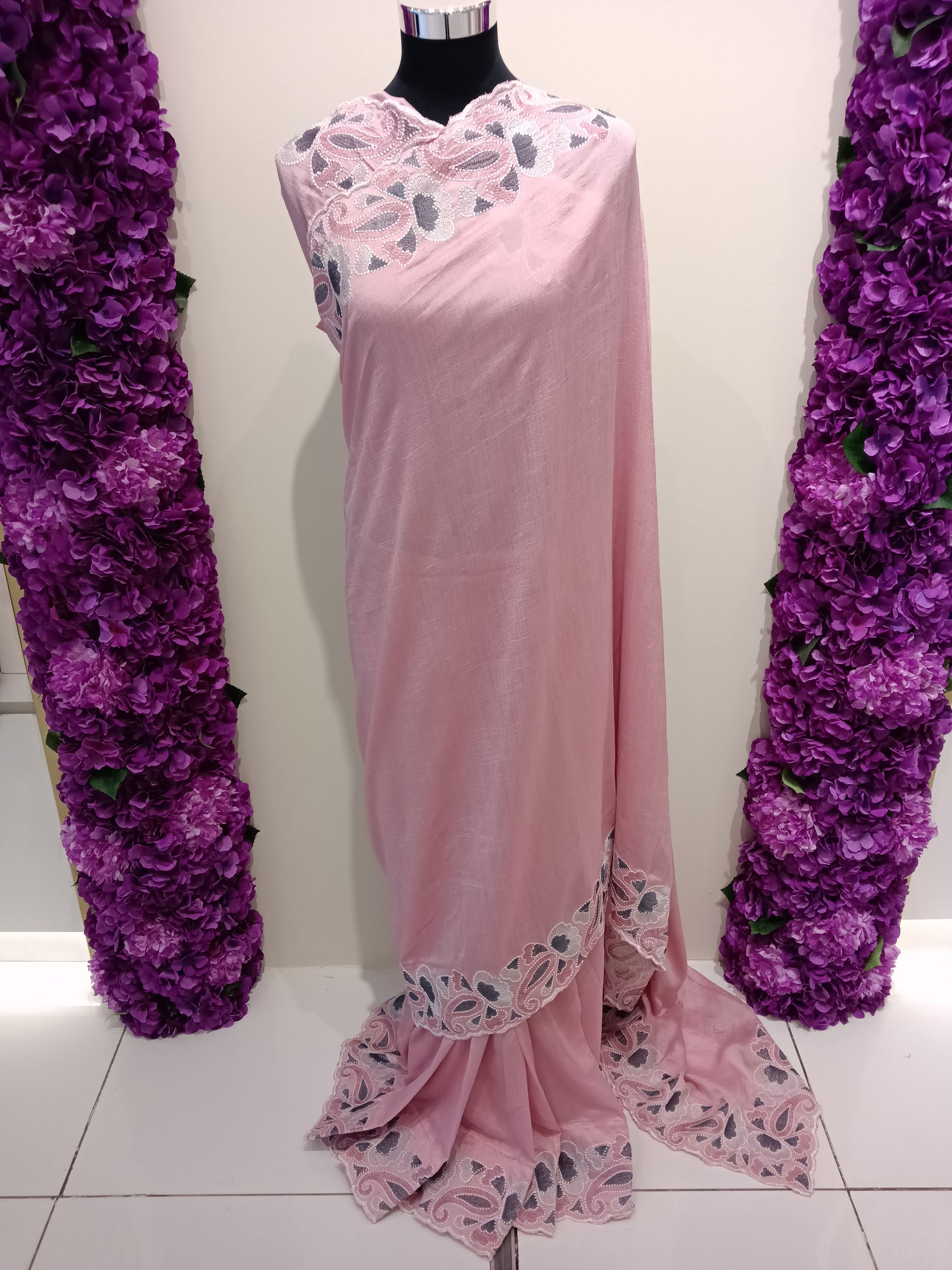 Shop blush pink ready to wear saree in Qatar. Prestitched with perfect pleats, elegant embroidery & ideal for Eid, special events  and gatherings.