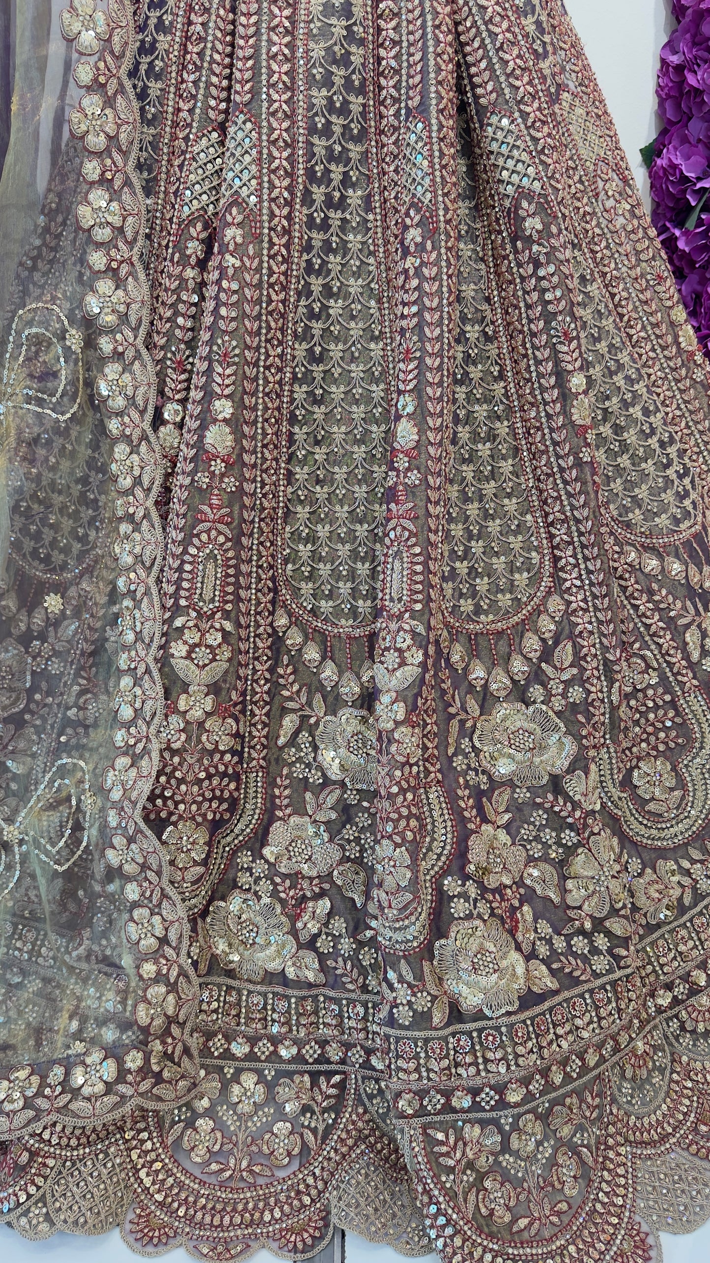 Close-up of intricately embroidered fabric with floral patterns.