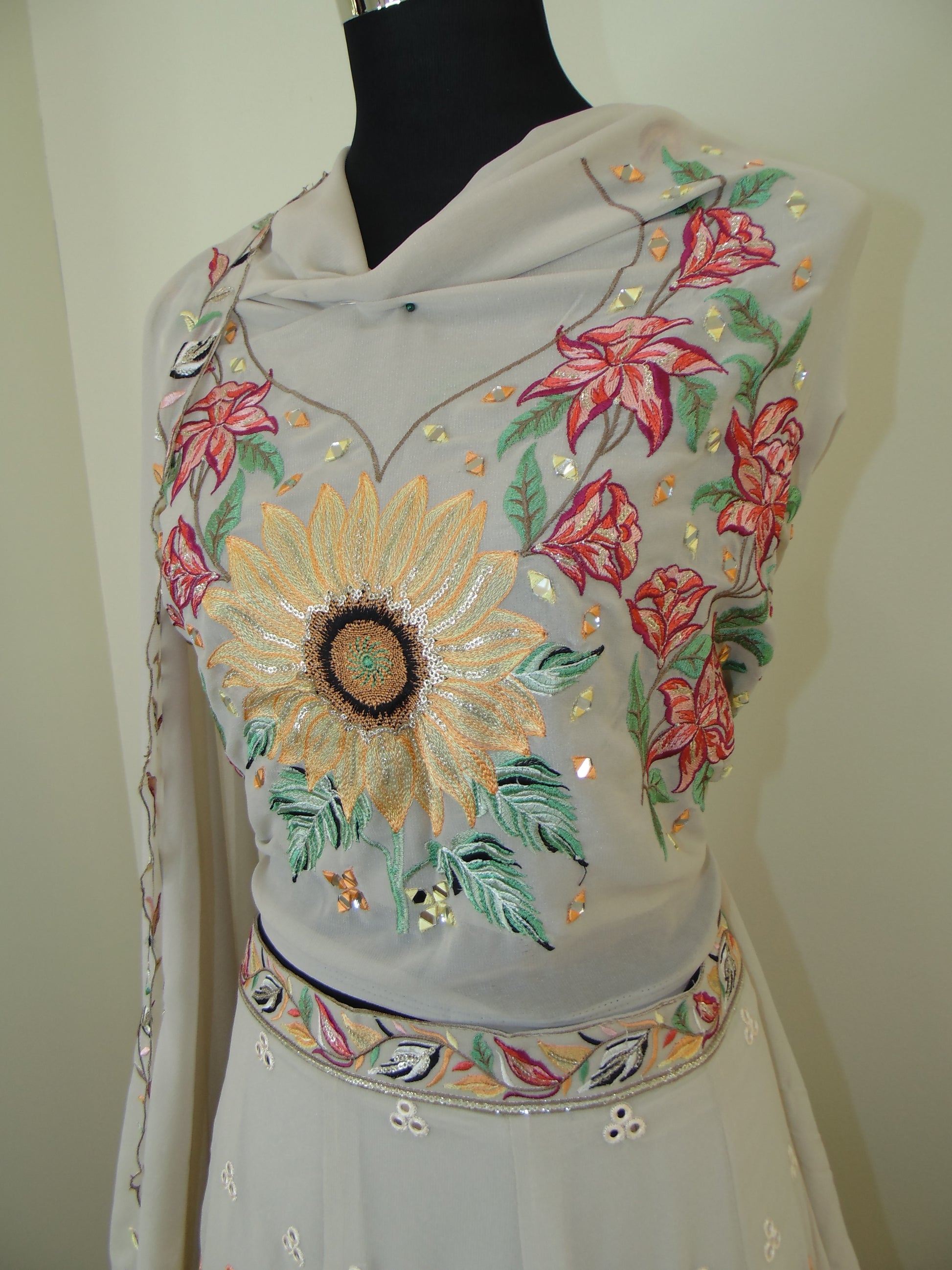 Embroidered Lehenga with floral designs on a plain background