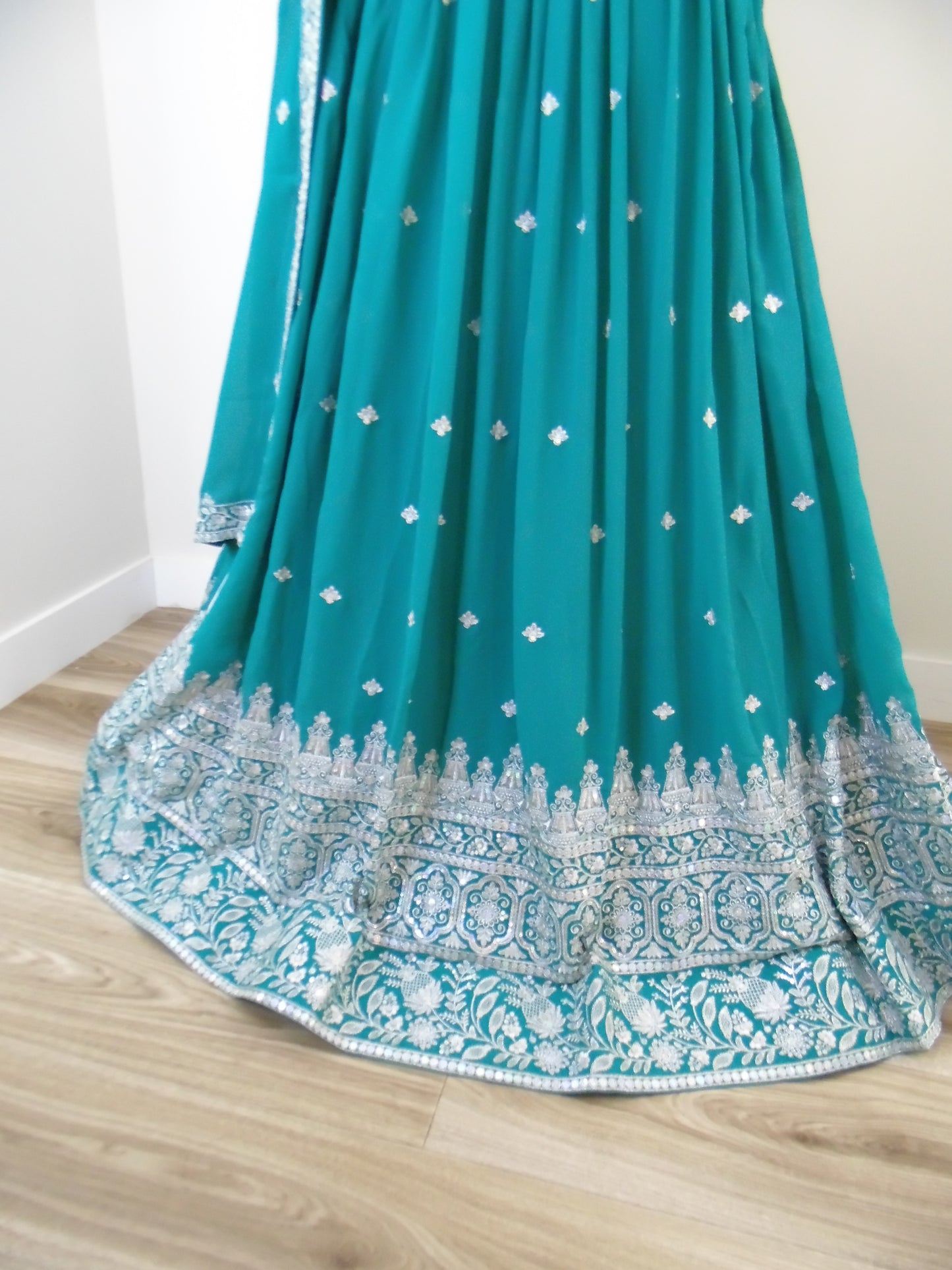 Teal Green Zari & Chamki Work Lehenga | Arisca Qatar