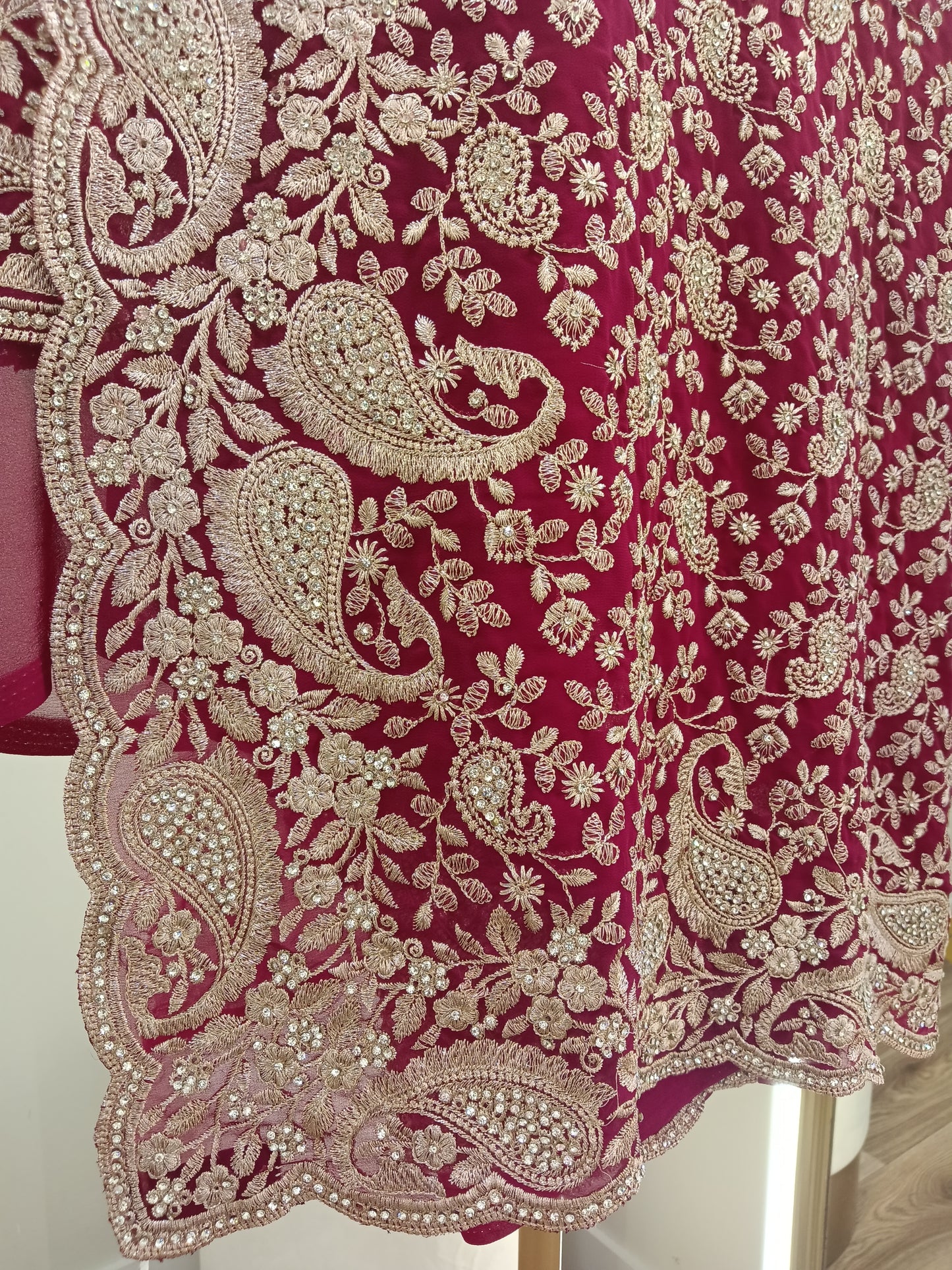 Dark Red Ready to Wear Saree with Golden Thread Embroidery & Stone Work