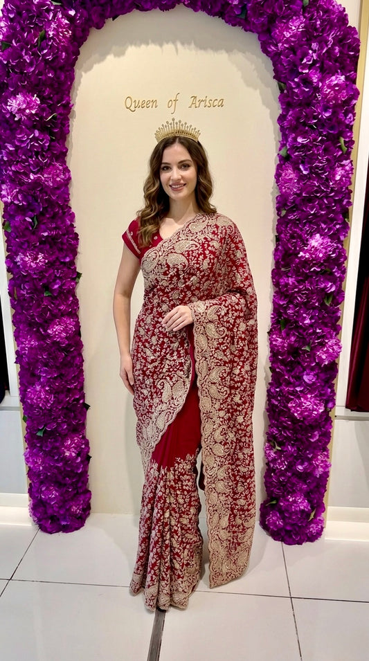 Dark Red Ready to Wear Saree with Golden Thread Embroidery & Stone Work