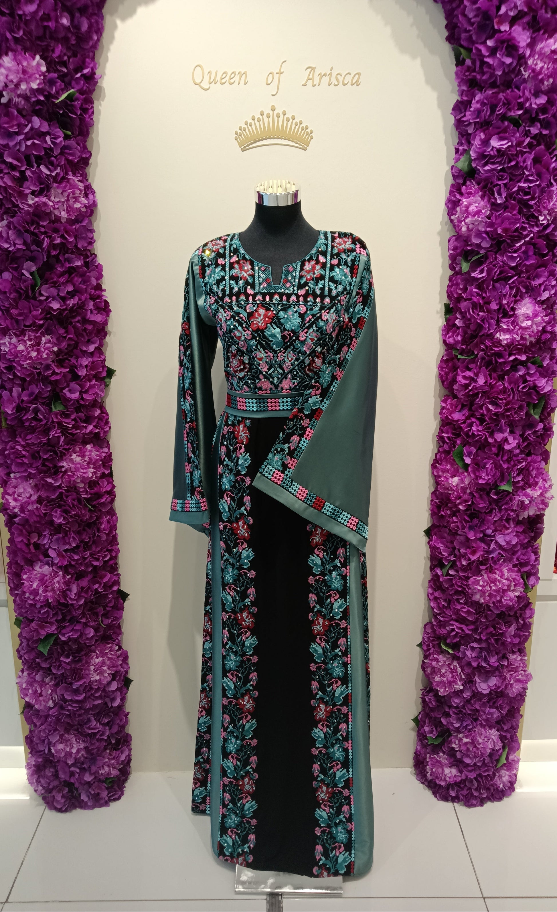 Palestinian Thobe, Black satin with teal floral embroidery, Qatar