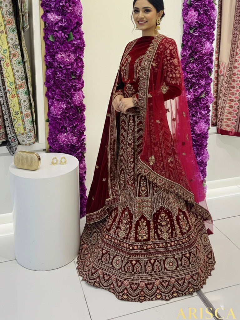 Luxury Maroon Heavy Embroidered Lehenga with Net Dupatta – Party Wear