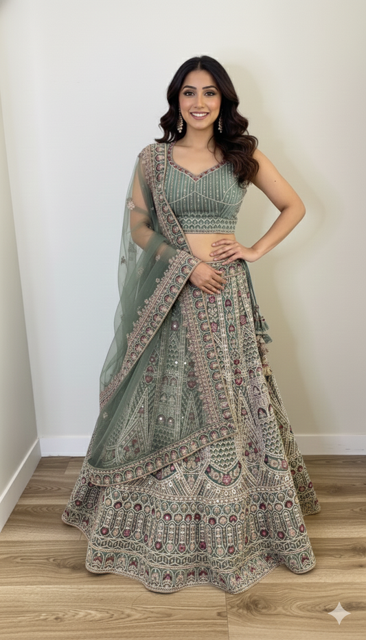 Woman in a traditional green and patterned Lehenga standing on a wooden floor.