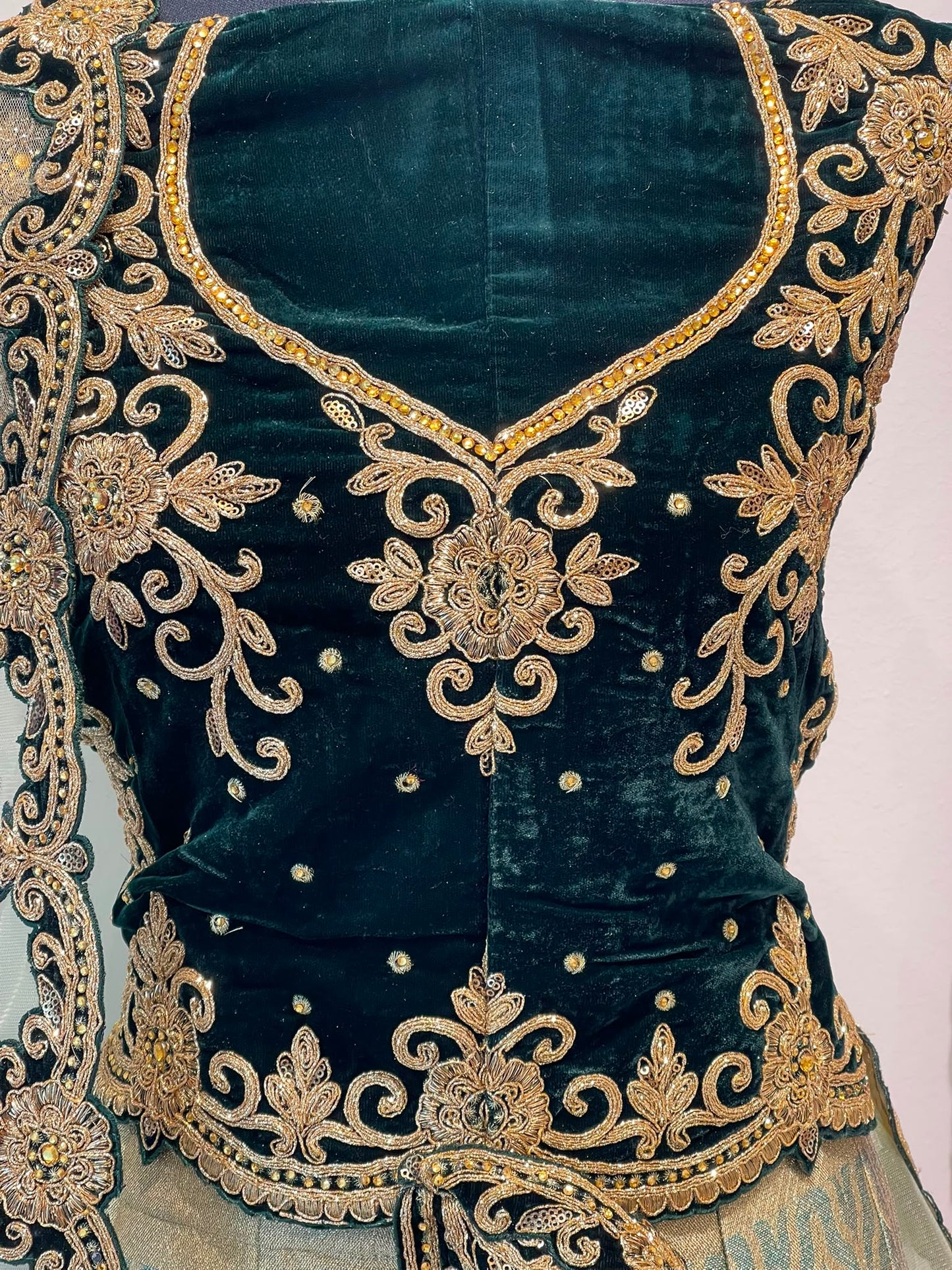 Close-up of a dark green velvet blouse with intricate gold zari embroidery and mirror work on the neckline, border, and lower front panel.