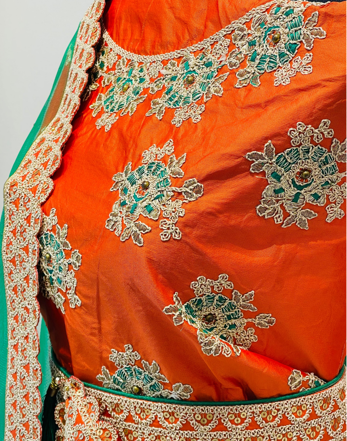 Emerald Green & Orange Designer Lehenga with Embroidery | Luxury Party Wear Qatar