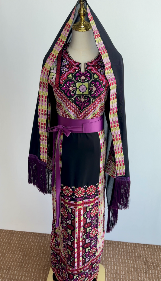 Full-length Palestinian thobe with purple embroidery and shawl – Arisca Qatar