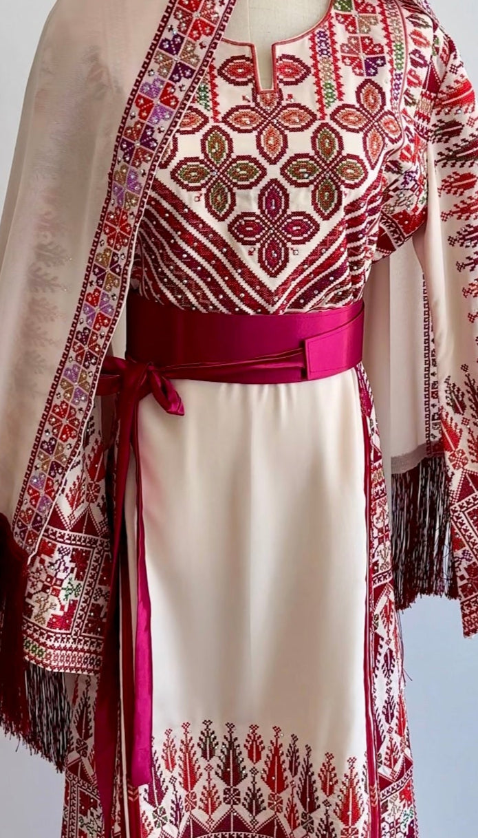 Full-length Palestinian embroidered dress with red belt and shawl – perfect for Eid and events
