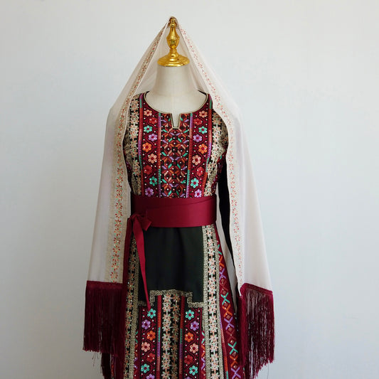 Traditional Palestinian thobe in deep red and green with cream shawl and satin belt – Arisca Qatar