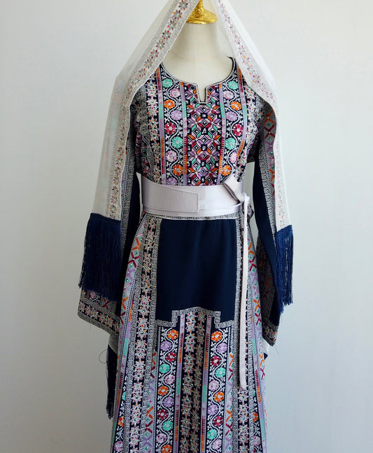 Palestinian embroidered thobe with navy base and multicolor Tatreez – Arisca Qatar