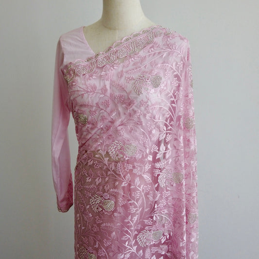 Pastel pink embroidered net saree with satin lining – ready to wear by Arisca Qatar