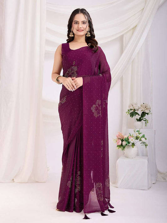 Plum ready-to-wear saree with stone and sequin embellishments displayed on a model