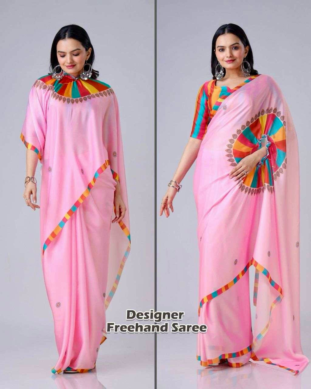 Model wearing Arisca’s hand-free kaftan saree in Qatar – modern ethnic fashion