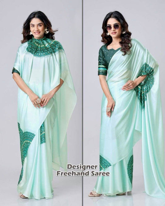 Model wearing green kaftan saree with full sleeve blouse by Arisca – hand-free drape in Qatar
