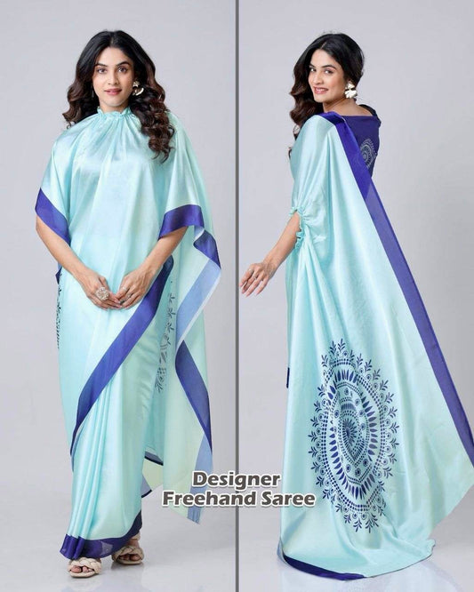 Blue kaftan-style ready-to-wear saree with freehand dotted embellishments and deep blue border displayed on a model
