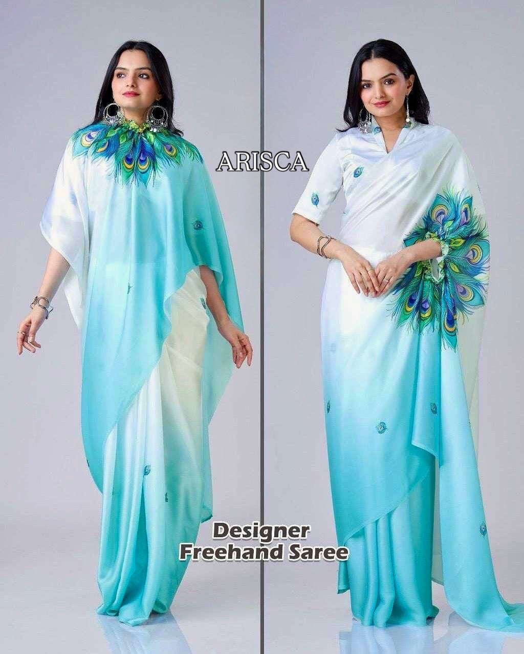 Designer peacock kaftan saree in turquoise and white by Arisca Qatar – ready to wear
