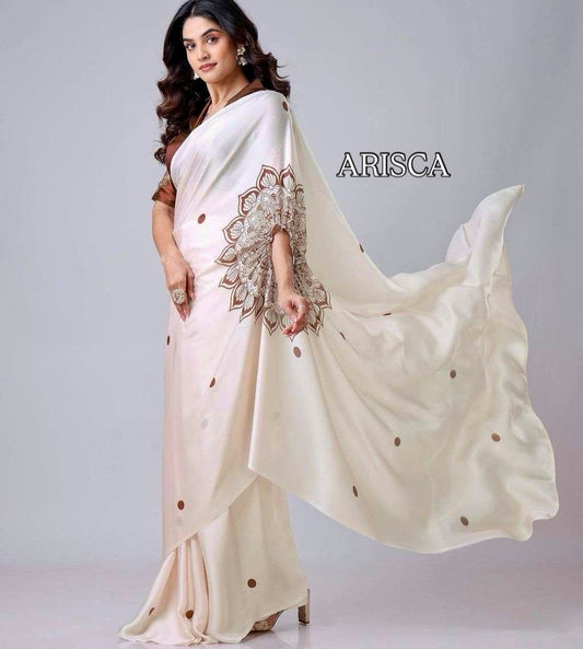 Kaftan-style ready-to-wear saree with freehand floral and dotted embellishments displayed on a model