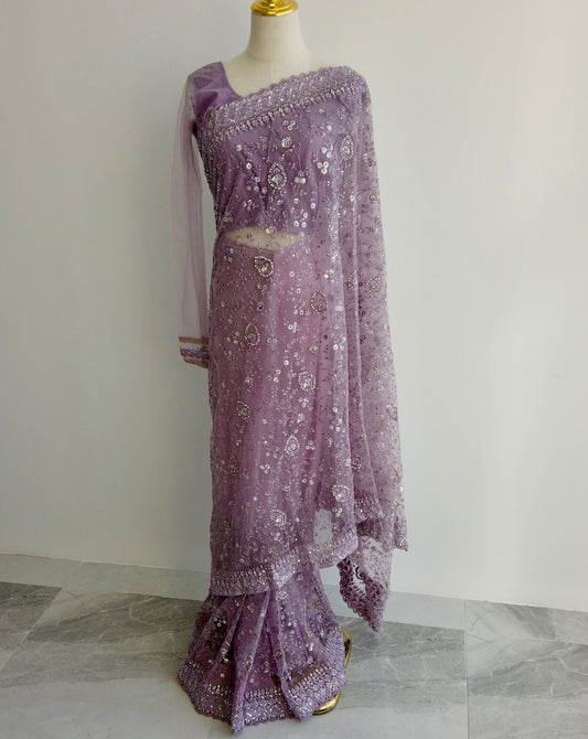 Lavender embroidered ready to wear saree for weddings – Arisca Qatar