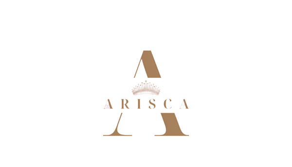 Arisca logo with a stylized 'A' and crown on a light pink background
