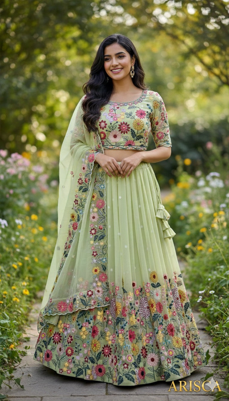 Woman in a floral green traditional outfit standing in a garden