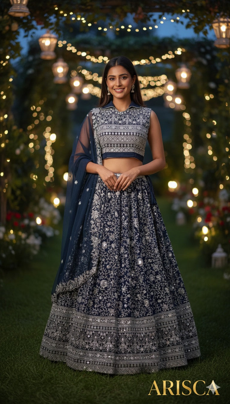 Woman in a traditional blue and white outfit with 'Arisca' branding, set against a festive background.