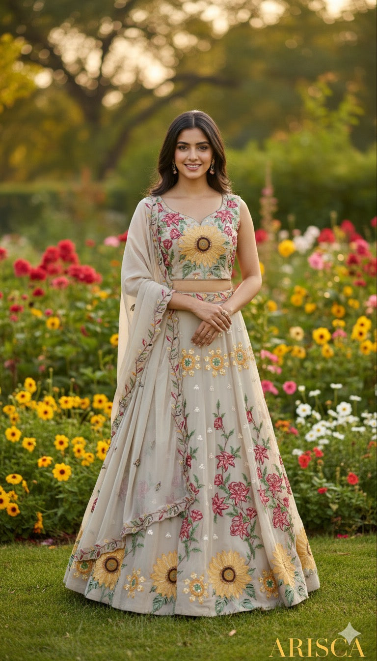 Woman in a floral Indian Lehenga standing in a garden with flowers and trees in the background