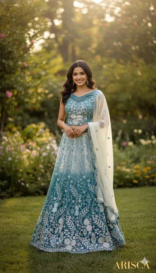 Woman in a Teal green off white embroidered traditional Indian Lehenga standing in a garden
