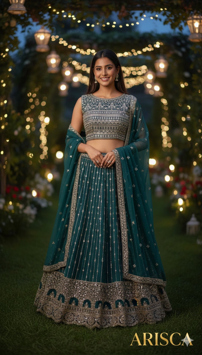 Woman in a teal and silver traditional outfit with 'ARISCA' branding, set against a festive background.