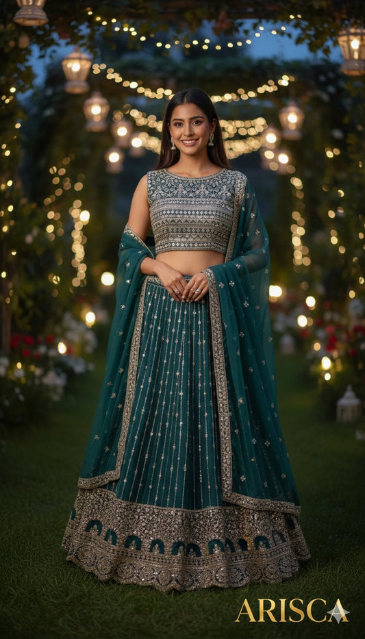 Woman in a teal and silver traditional outfit with 'ARISCA' branding, set against a festive background.