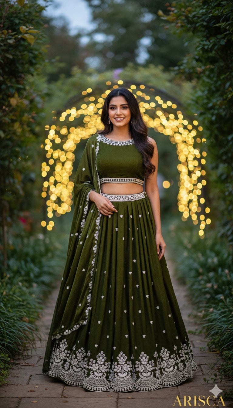 Woman in a green traditional Indian Lehenga with silver details standing in front of a decorative archway.