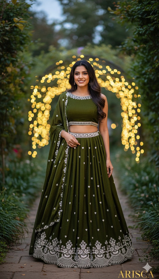 Woman in a green traditional Indian Lehenga with silver details standing in front of a decorative archway.