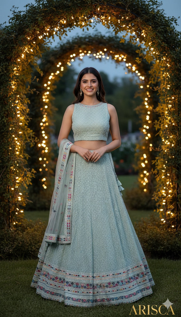 Woman in a light blue traditional outfit standing under a decorative arch with lights.