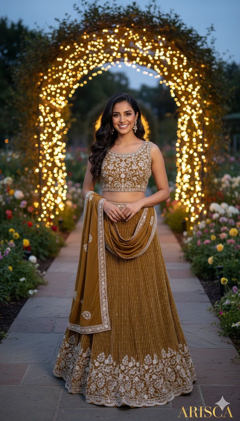 Woman in a traditional outfit standing in front of a decorative arch with lights in a garden setting.