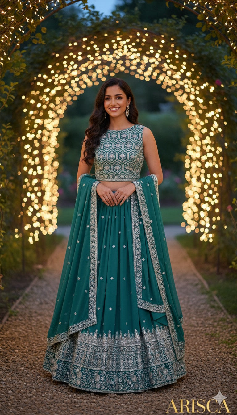 Woman in a teal and silver traditional outfit standing in front of a decorative arch with lights.