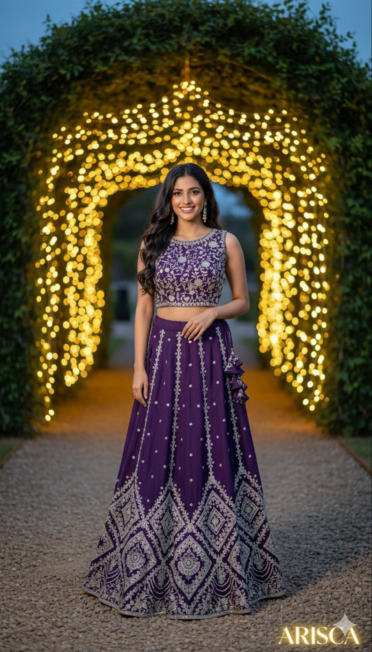 Woman in a purple traditional outfit standing in front of a decorated archway with lights.