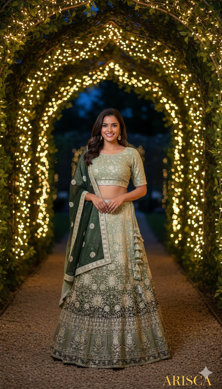 Woman in a traditional green and gold outfit standing under a decorative archway with lights.