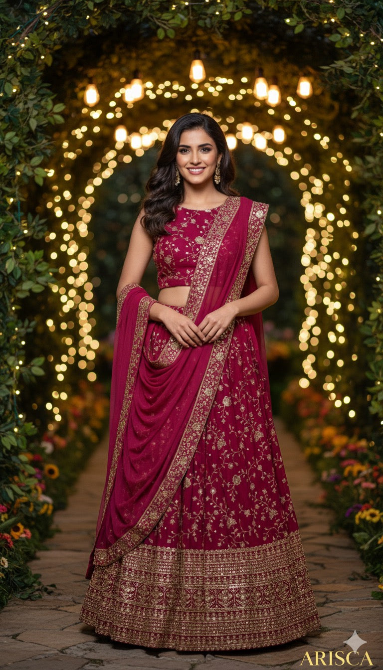 Woman in a traditional maroon and gold saree standing in front of a decorated archway with lights.