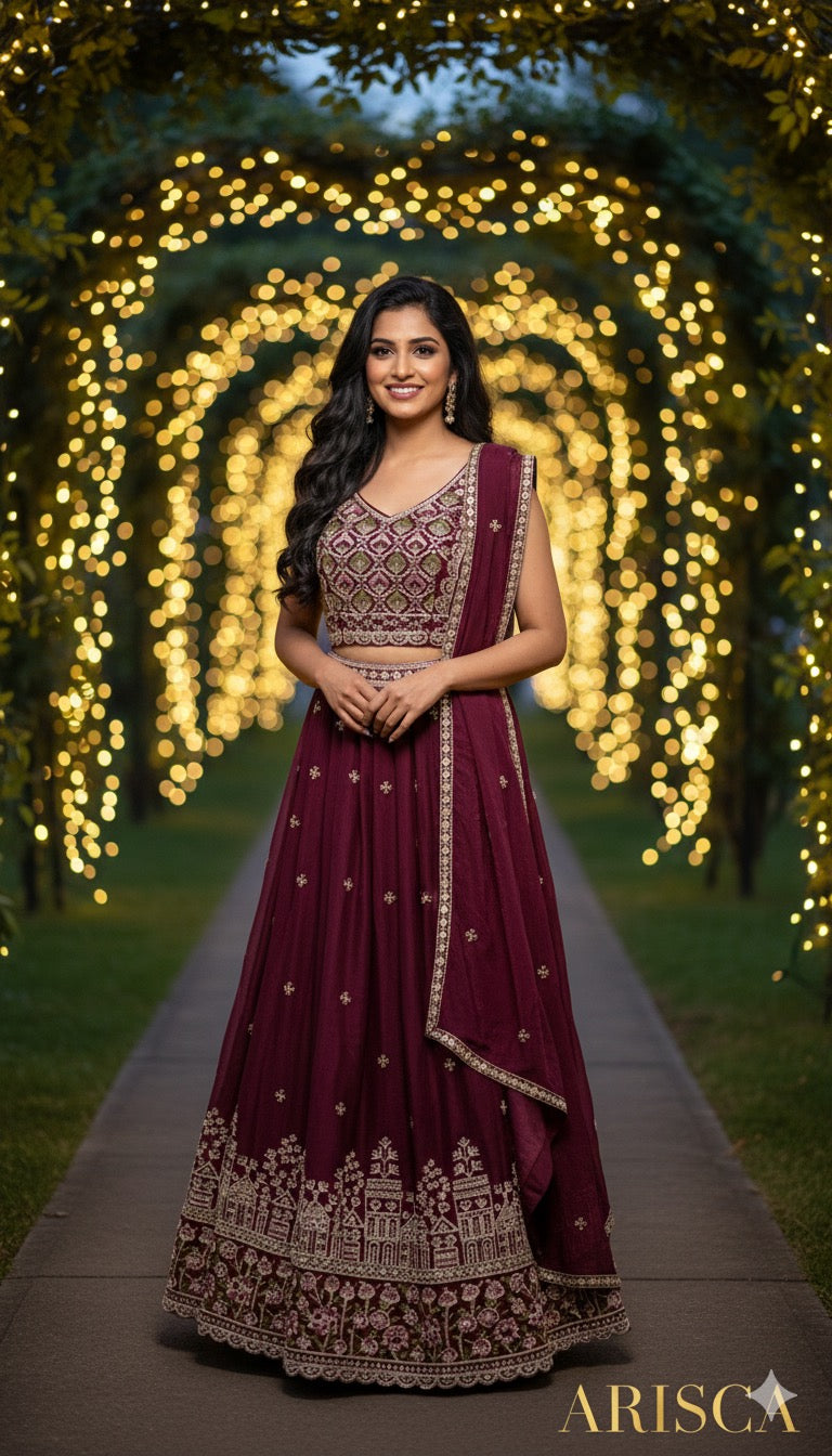 Woman in a maroon traditional Lehenga with intricate designs standing in front of decorative lights.